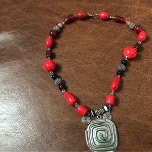 Artisan Red and Silver Spiral Pendant Necklace
